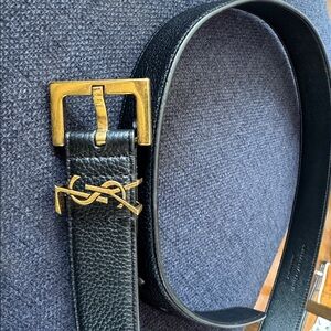 Yves Saint Laurent Black Leather Belt with Gold Logo Buckle